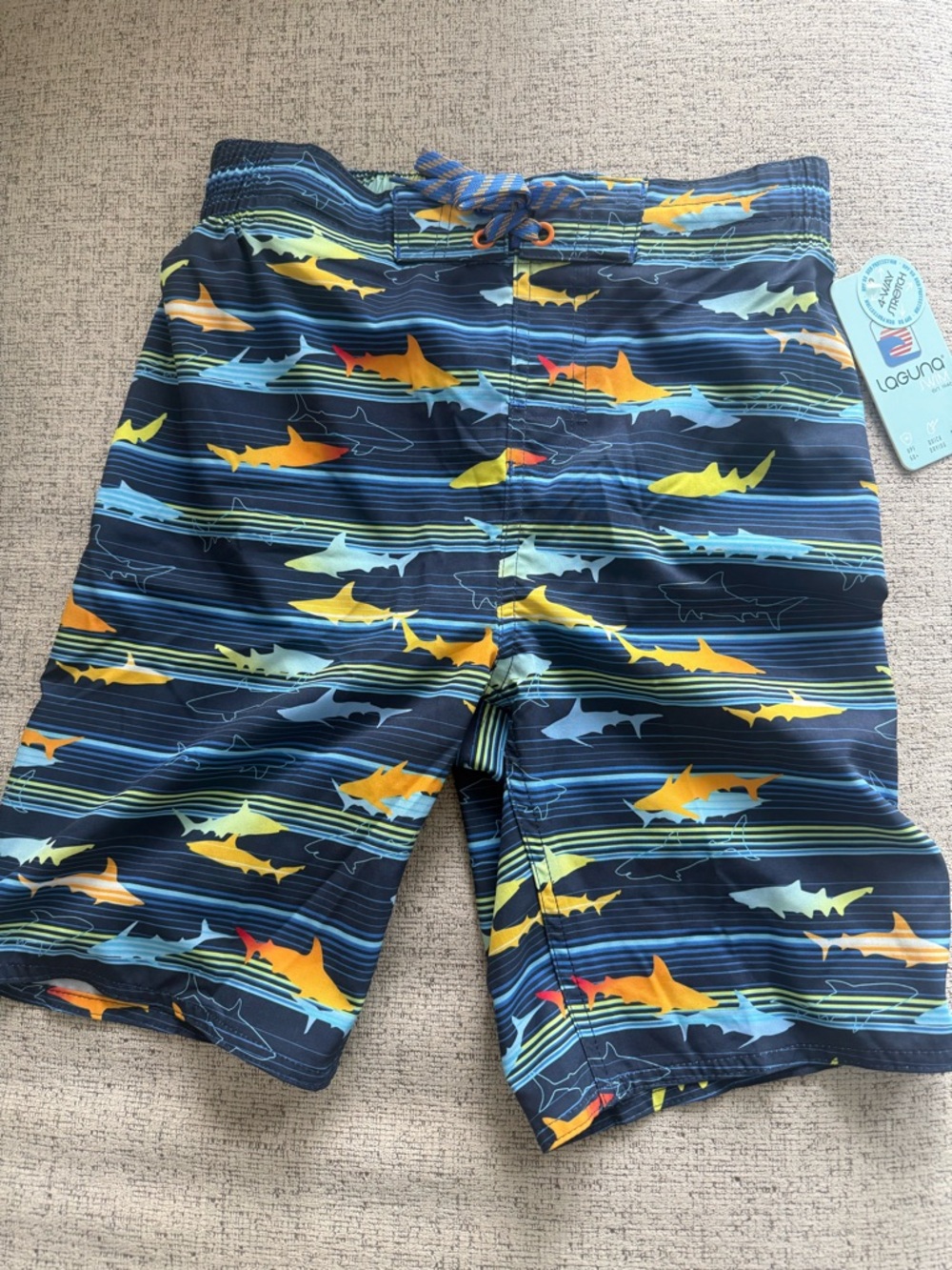 Boys Navy Shark-Print Swim Trunks